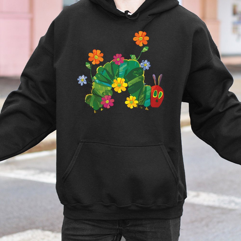 Hungry Caterpillar Hoodie | Colorful Floral Bug Graphic | Soft Cotton-Blend Pullover | Cute Teacher Gift & Preschool Storyboo