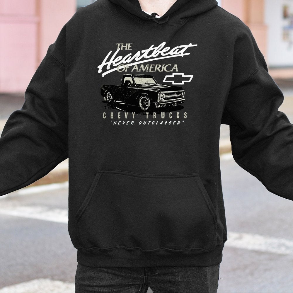 Chevy Trucks Hoodie | Vintage Heartbeat Of America Graphic | Premium Cotton Blend Pullover | Gift For Truck Enthusiasts & Mec