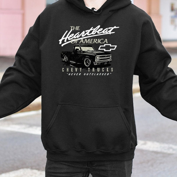 Chevy Trucks Hoodie | Vintage Heartbeat Of America Graphic | Premium Cotton Blend Pullover | Gift For Truck Enthusiasts & Mec