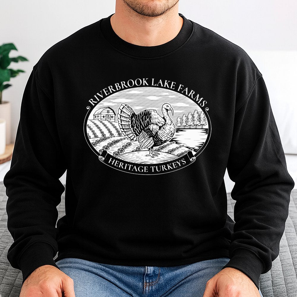 Riverbrook Lake Farms Sweatshirt | Heritage Turkeys Graphic Print | Premium Cotton-Blend Crewneck | Funny Thanksgiving TV Sho