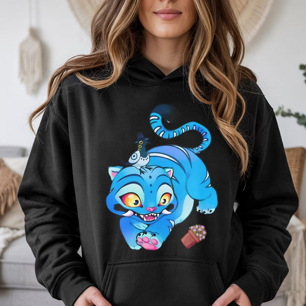 Derpy Blue Tiger Hoodie | Cute Cartoon Cat Graphic Art | Premium Cotton Blend Streetwear | Whimsical Animal Lover Gift for Te