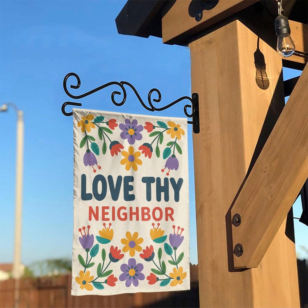 Love Thy Neighbor Garden Flag | Retro Floral Design | Premium Weather-Resistant Polyester | Welcome Yard Decor for Home & Pat